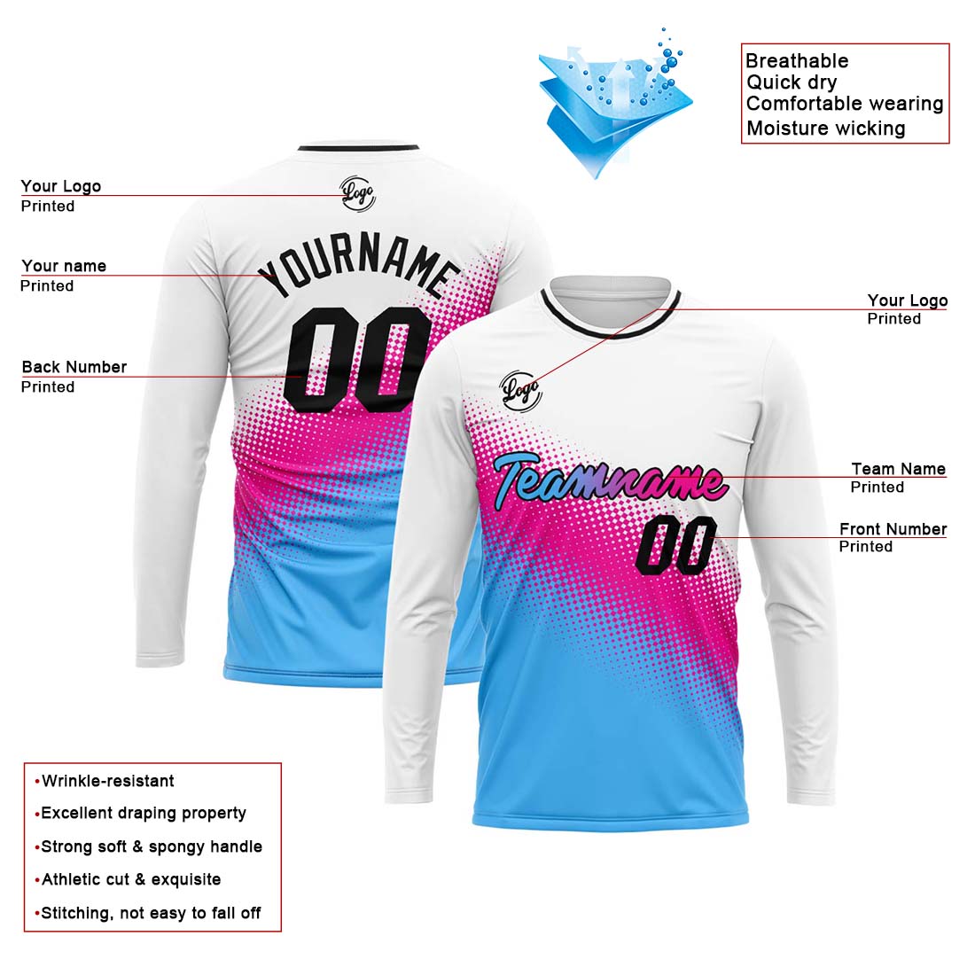 Custom Basketball Soccer Football Shooting Long T-Shirt for Adults and Kids White&Light Blue enthsush
