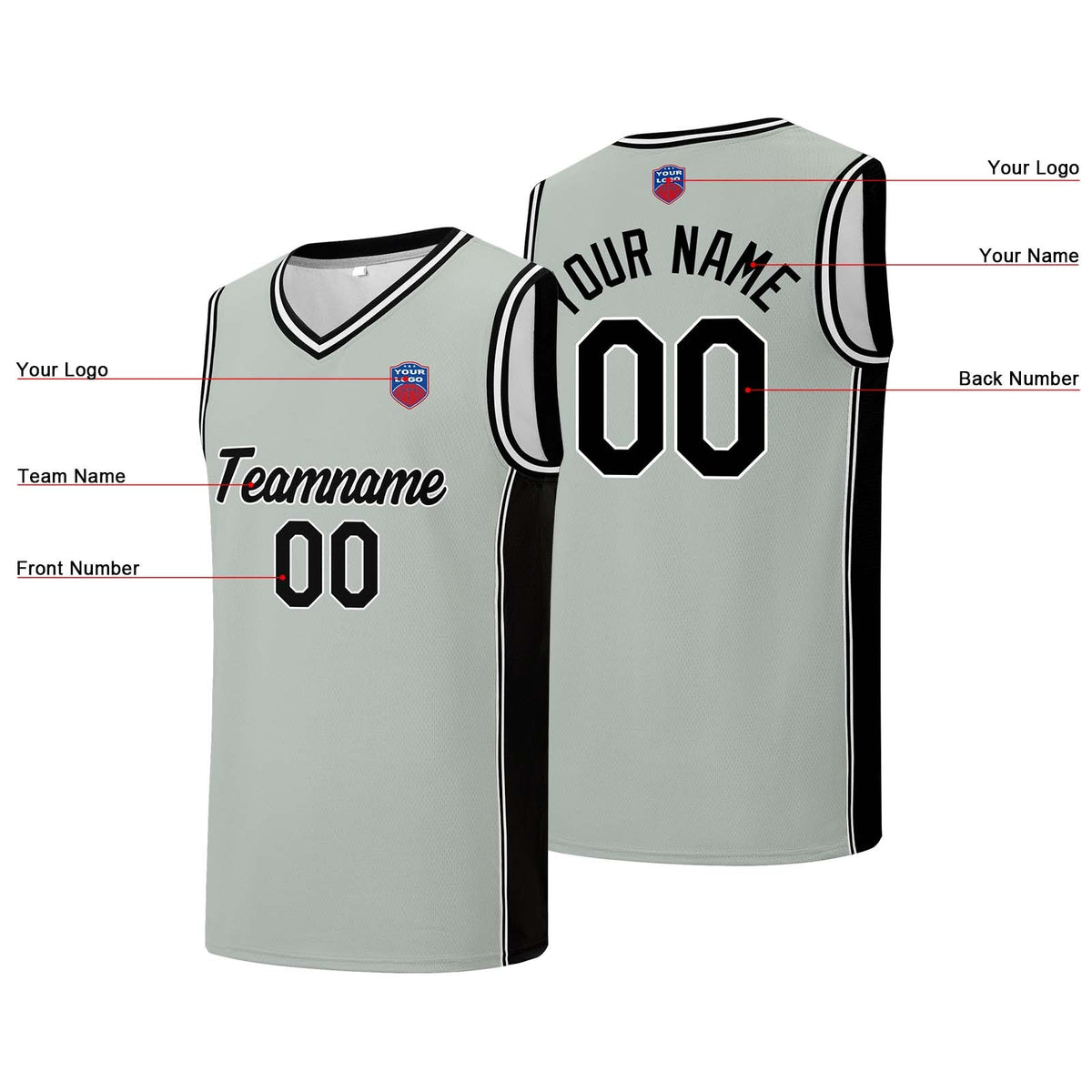 Custom basketball jersey shorts for men and women. Embroidered and printed name, number and logo Grey enthsush