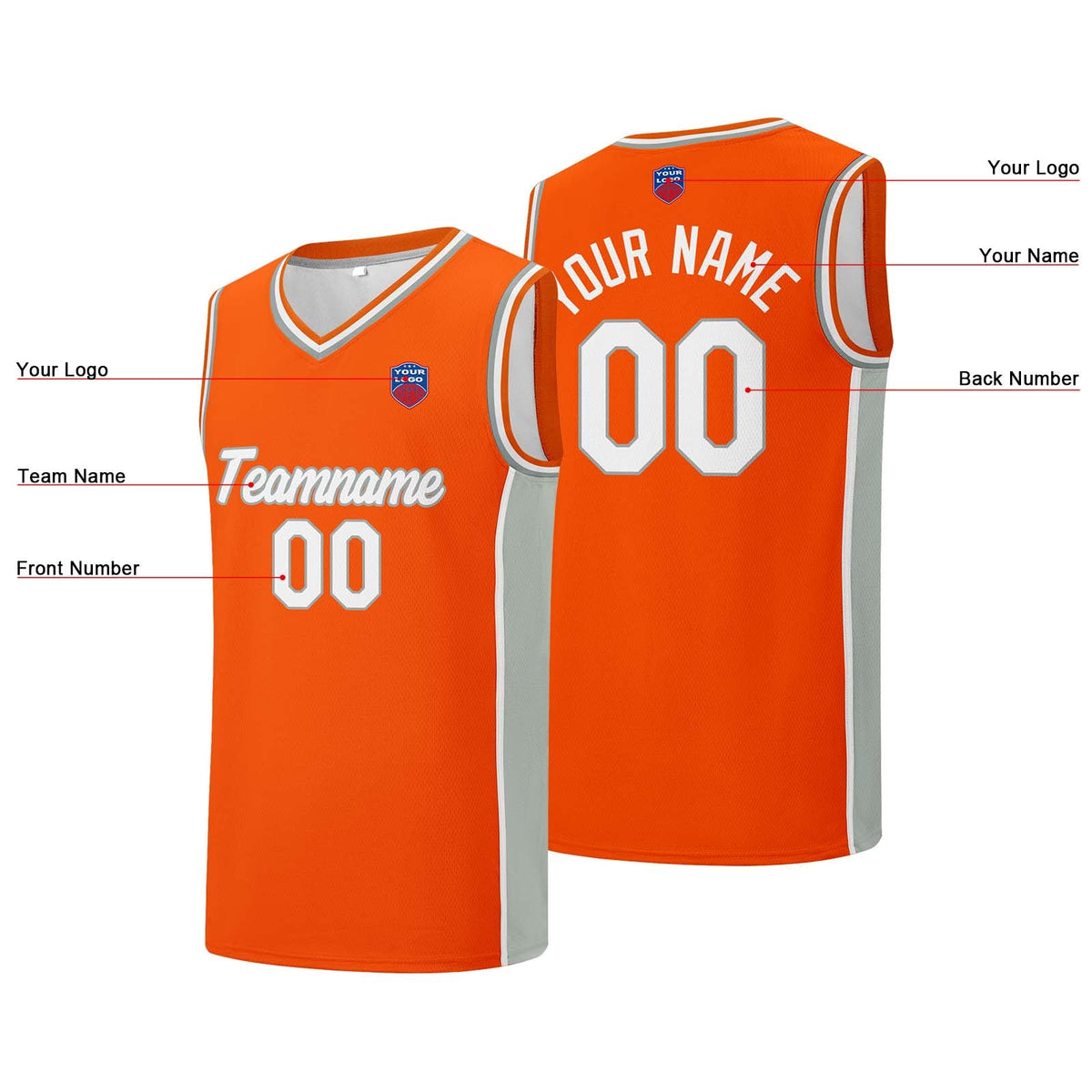 Custom basketball jersey shorts for men and women. Embroidered and printed name, number and logo Orange&Grey enthsush