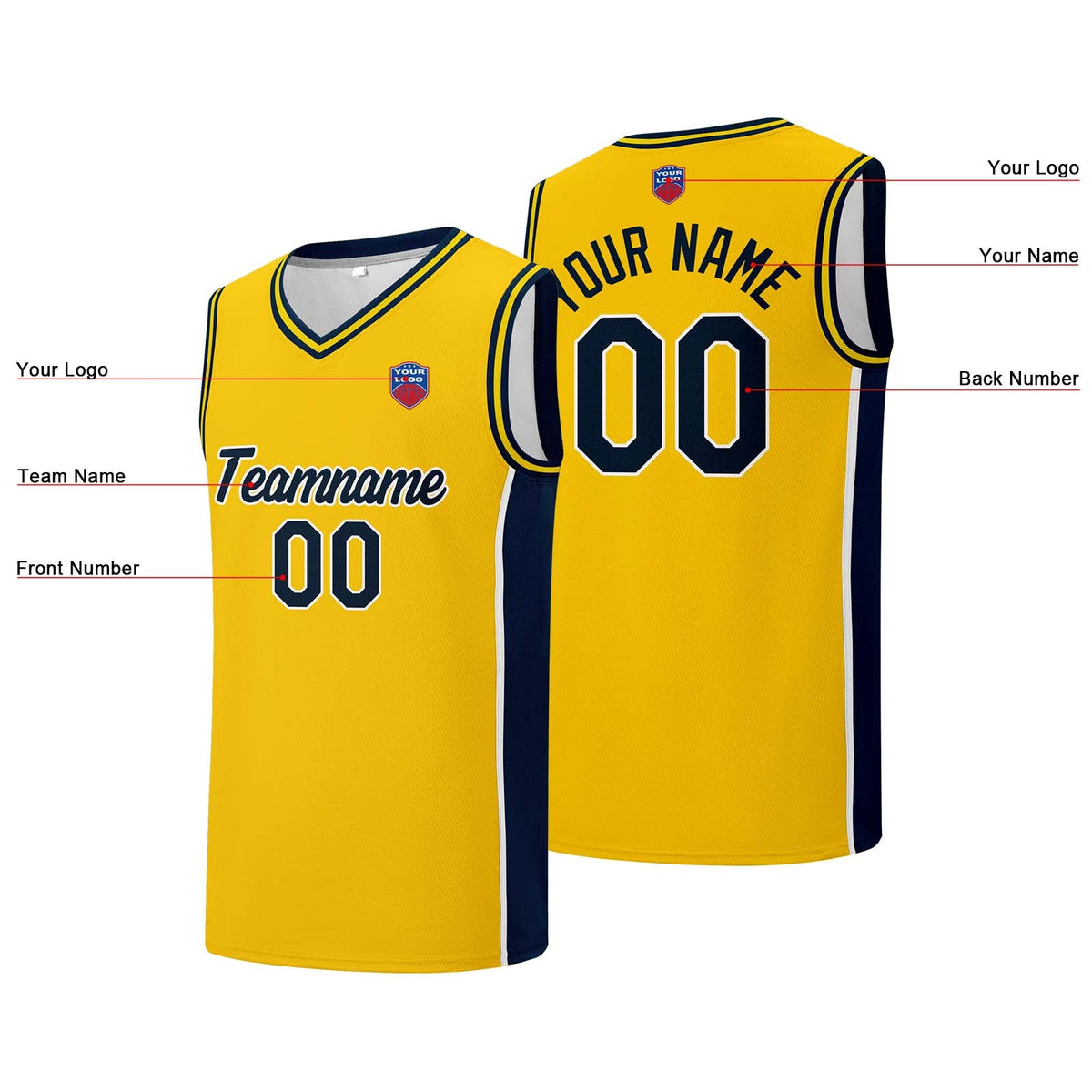 Custom basketball jersey shorts for men and women. Embroidered and printed name, number and logo Yellow enthsush