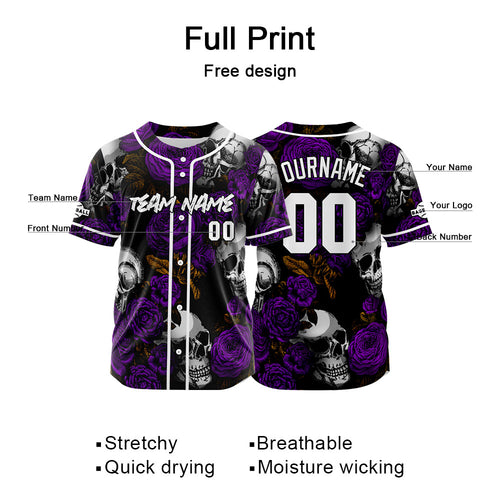 Custom Baseball Jersey Personalized Baseball Shirt for Men Women Kids Youth Teams Stitched and Print Rose Skull&Purple enthsush