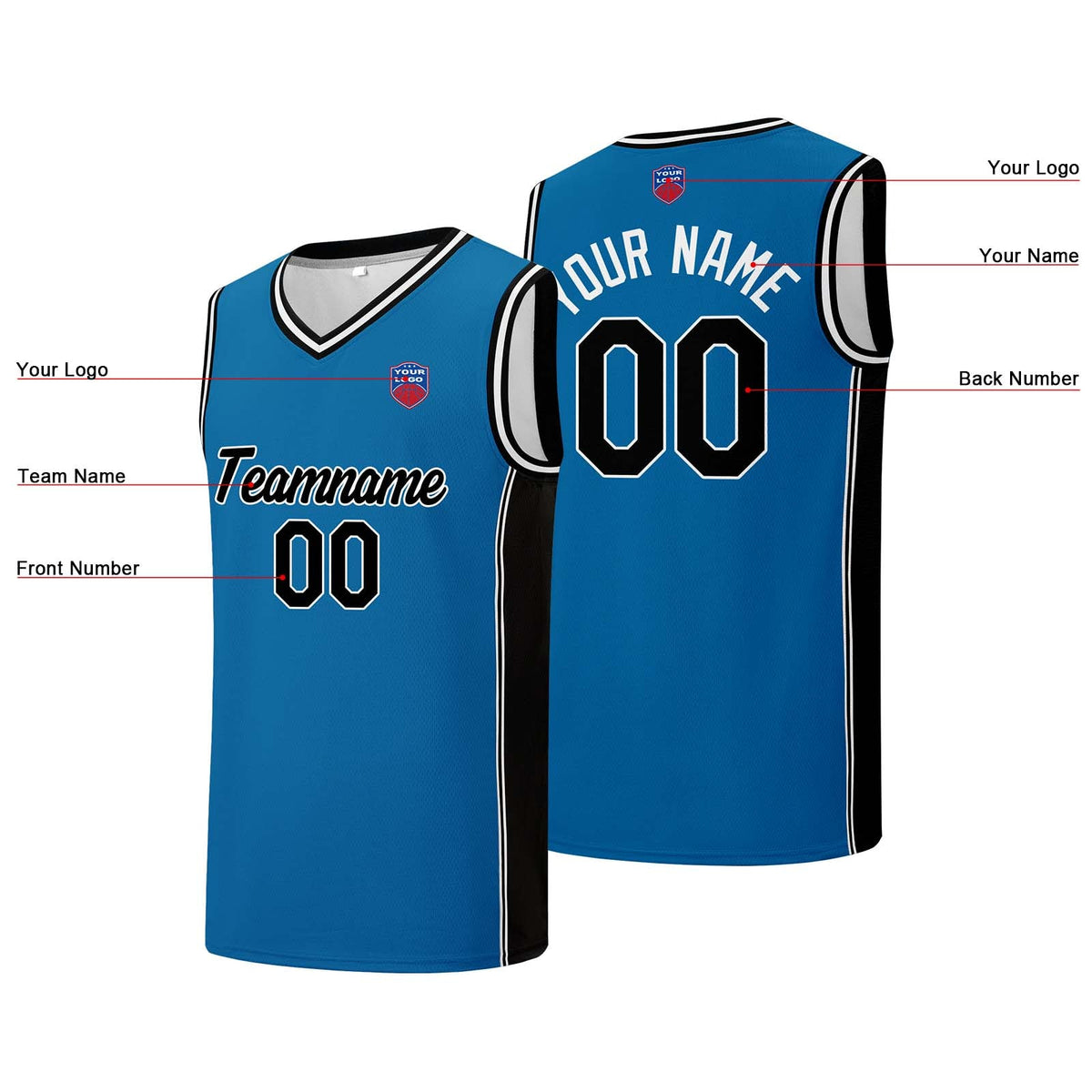 Custom basketball jersey shorts for men and women. Embroidered and printed name, number and logo Blue&Black enthsush