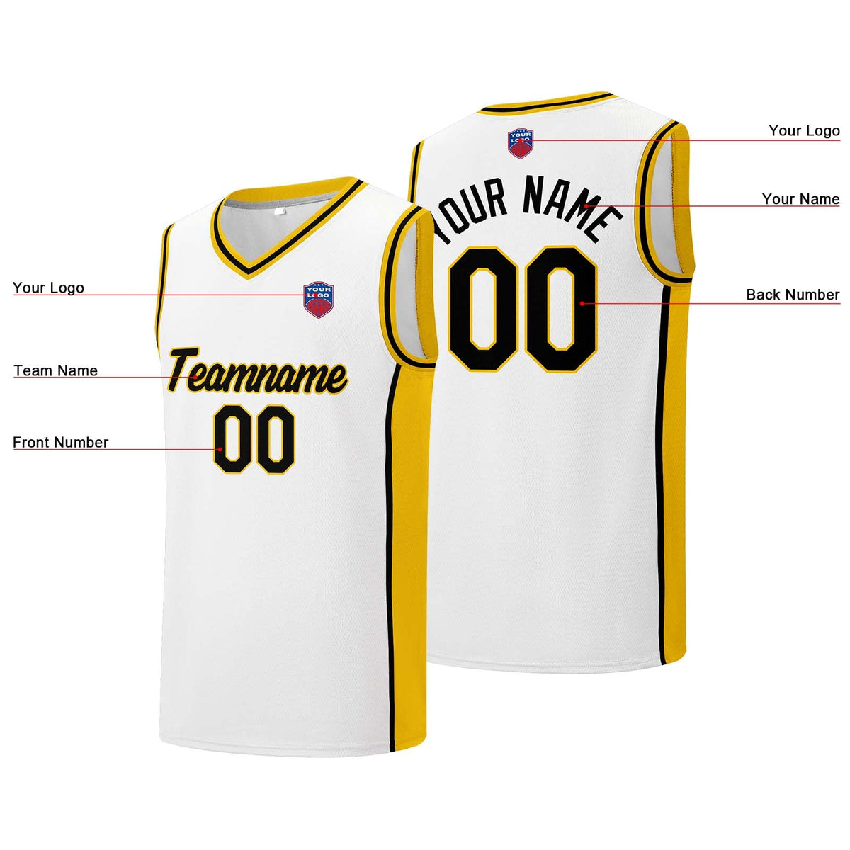Custom basketball jersey shorts for men and women. Embroidered and printed name, number and logo White enthsush