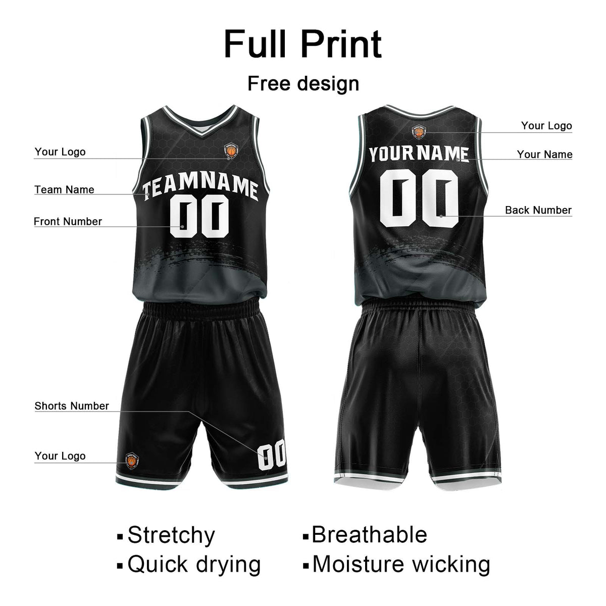 Custom Black Grey Basketball Jersey Uniform Suit Printed Your Logo Name Number enthsush