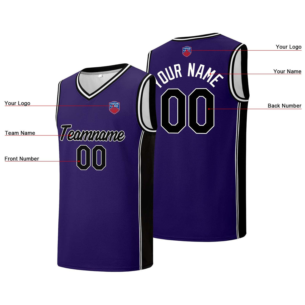 Custom basketball jersey shorts for men and women. Embroidered and printed name, number and logo Purple&Black enthsush