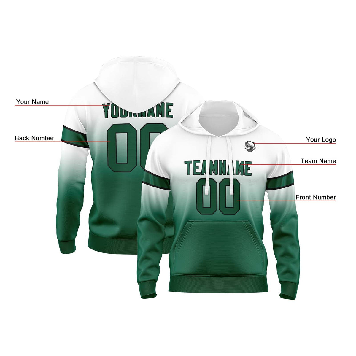 Custom Gradient Hoodie For Man Woman Girl Boy Print Your Logo Name Number White&Green enthsush