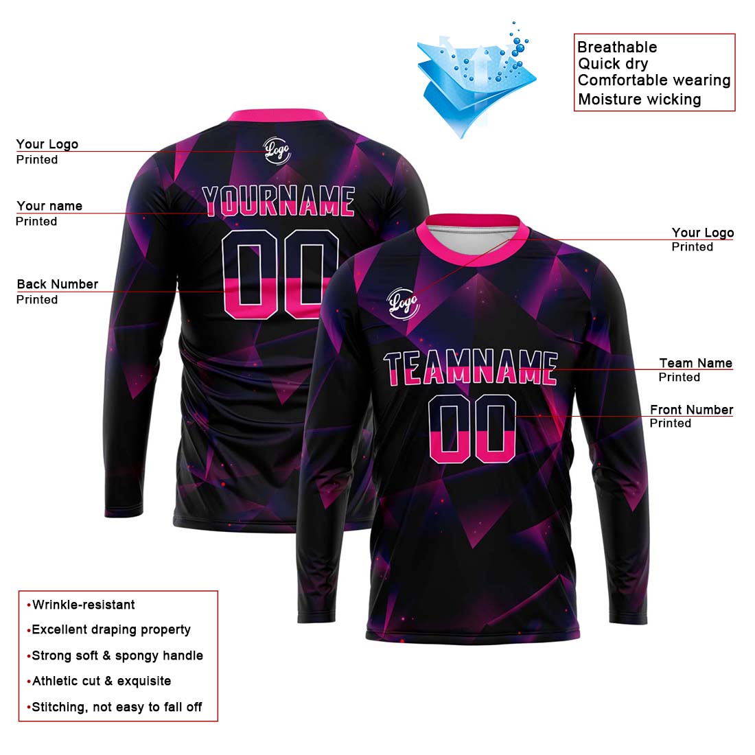 Custom Basketball Soccer Football Shooting Long T-Shirt for Adults and Kids Black&Pink enthsush