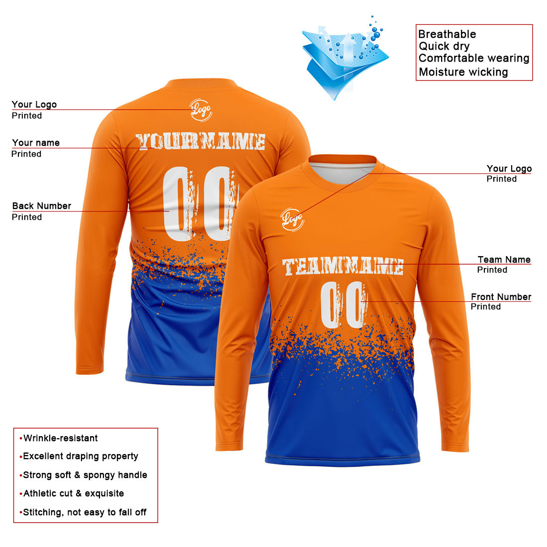 Custom Basketball Soccer Football Shooting Long T-Shirt for Adults and Kids Orange&Royal enthsush