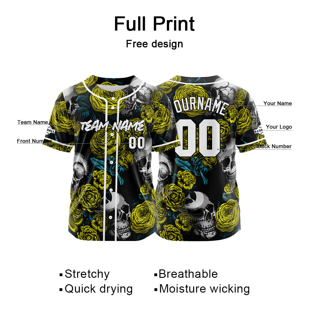 Custom Baseball Jersey Personalized Baseball Shirt for Men Women Kids Youth Teams Stitched and Print Rose Skull&Yellow enthsush