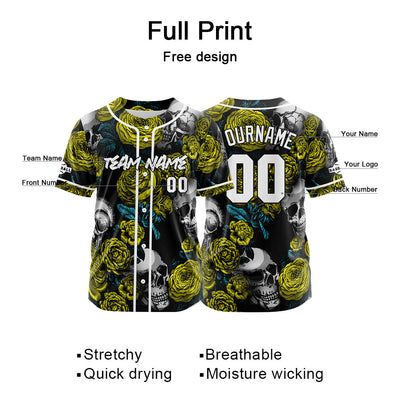 Custom Baseball Jersey Personalized Baseball Shirt for Men Women Kids Youth Teams Stitched and Print Rose Skull&Yellow enthsush
