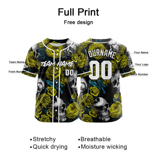Custom Baseball Jersey Personalized Baseball Shirt for Men Women Kids Youth Teams Stitched and Print Rose Skull&Yellow enthsush