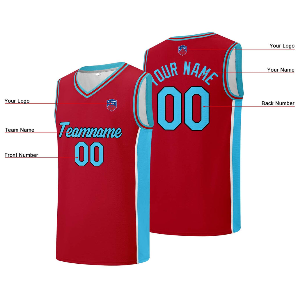 Custom basketball jersey shorts for men and women. Embroidered and printed name, number and logo Red&Light Blue enthsush