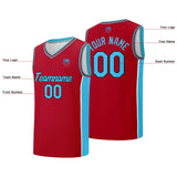 Custom basketball jersey shorts for men and women. Embroidered and printed name, number and logo Red&Light Blue