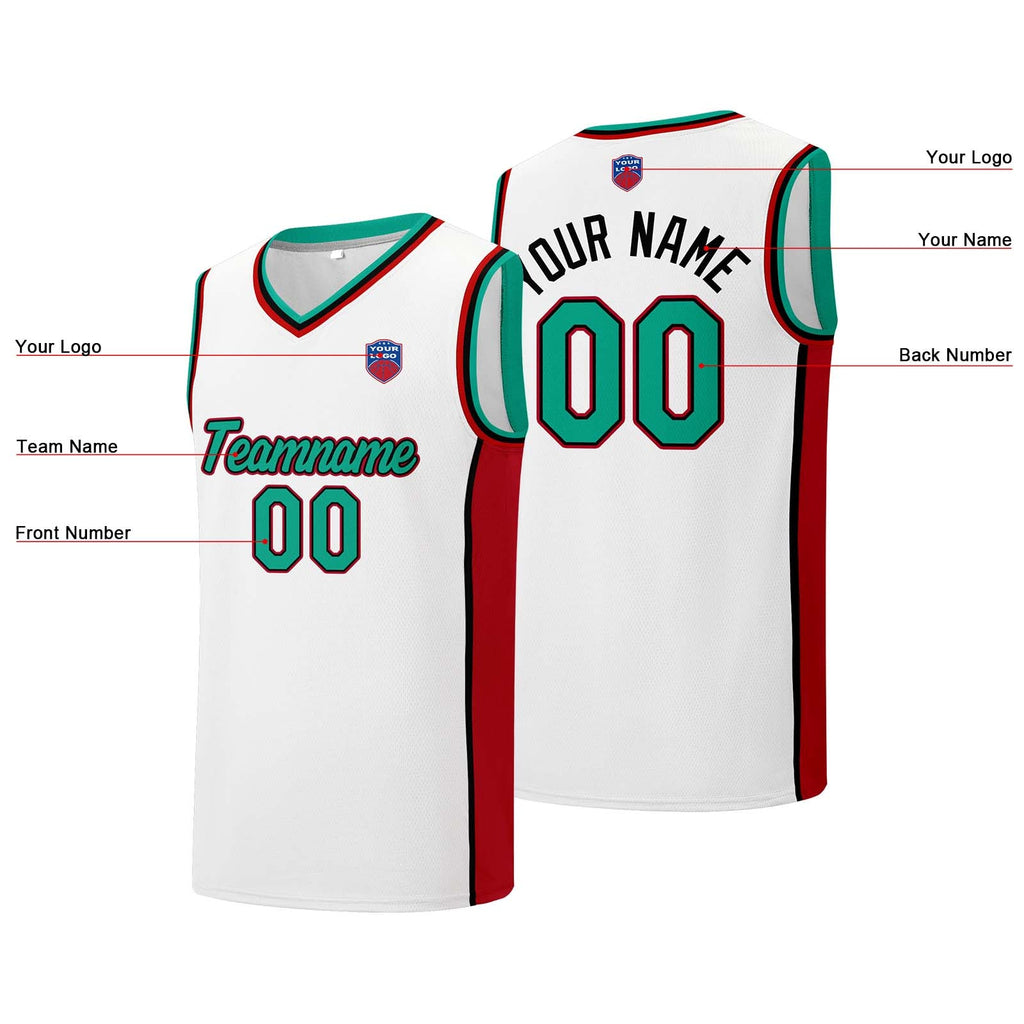 Custom basketball jersey shorts for men and women. Embroidered and printed name, number and logo White&Red&Green enthsush