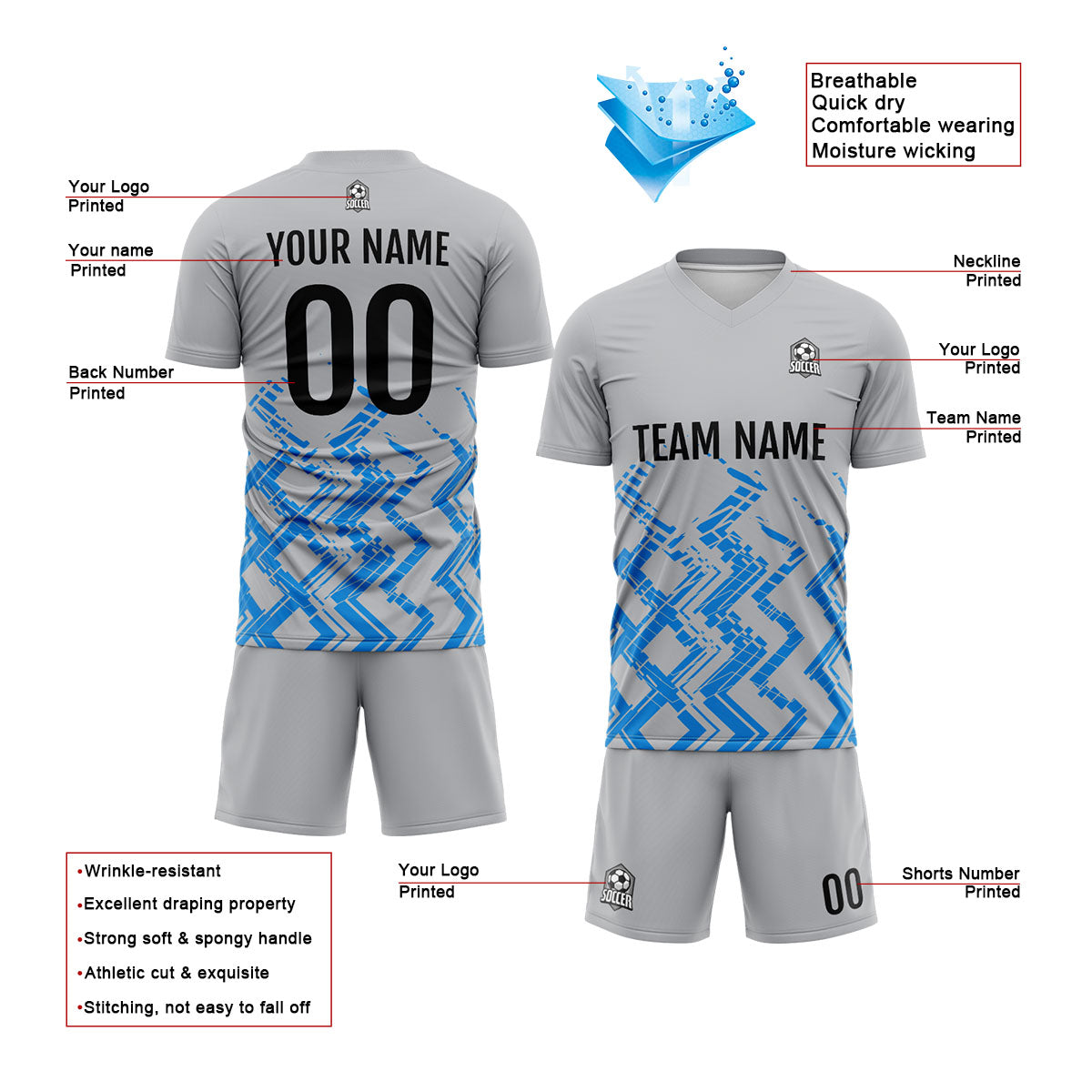 Custom Grey Blue Soccer Jerseys for Men Women Personalized Soccer Uniforms for Adult and Kid enthsush
