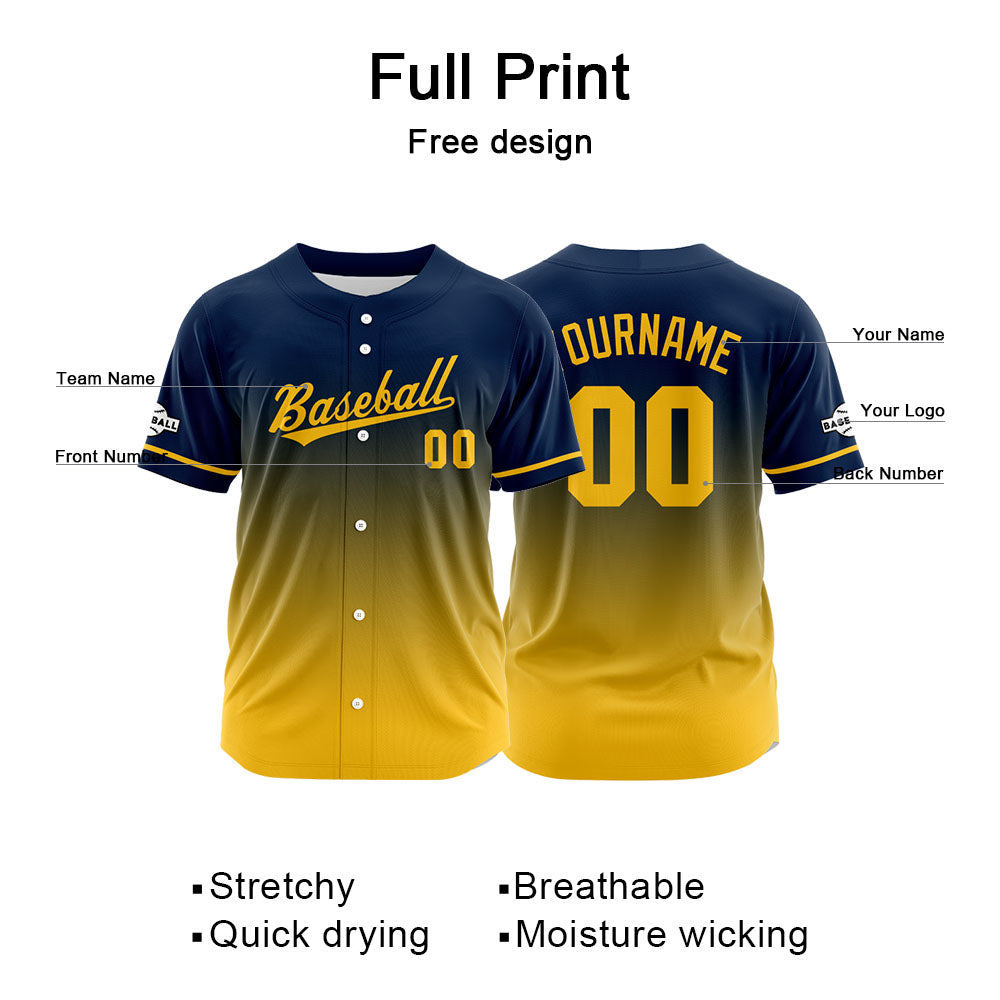 Custom Full Print Design Authentic Baseball Jersey yellow-navy enthsush