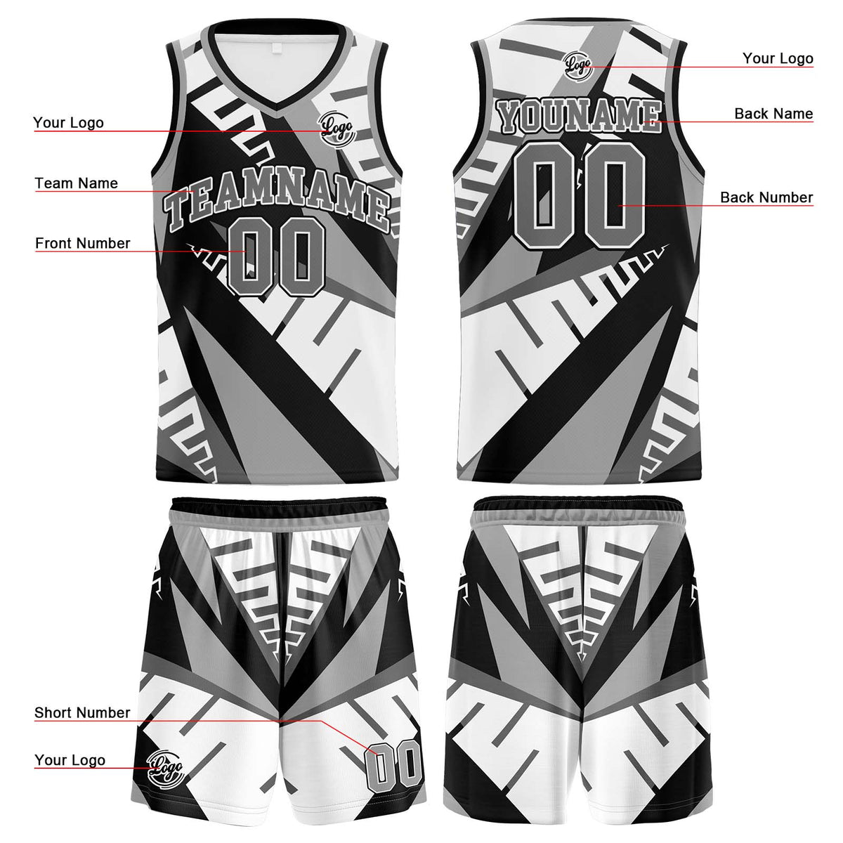Custom White Black Grey Basketball Jersey Uniform Suit Printed Your Logo Name Number enthsush