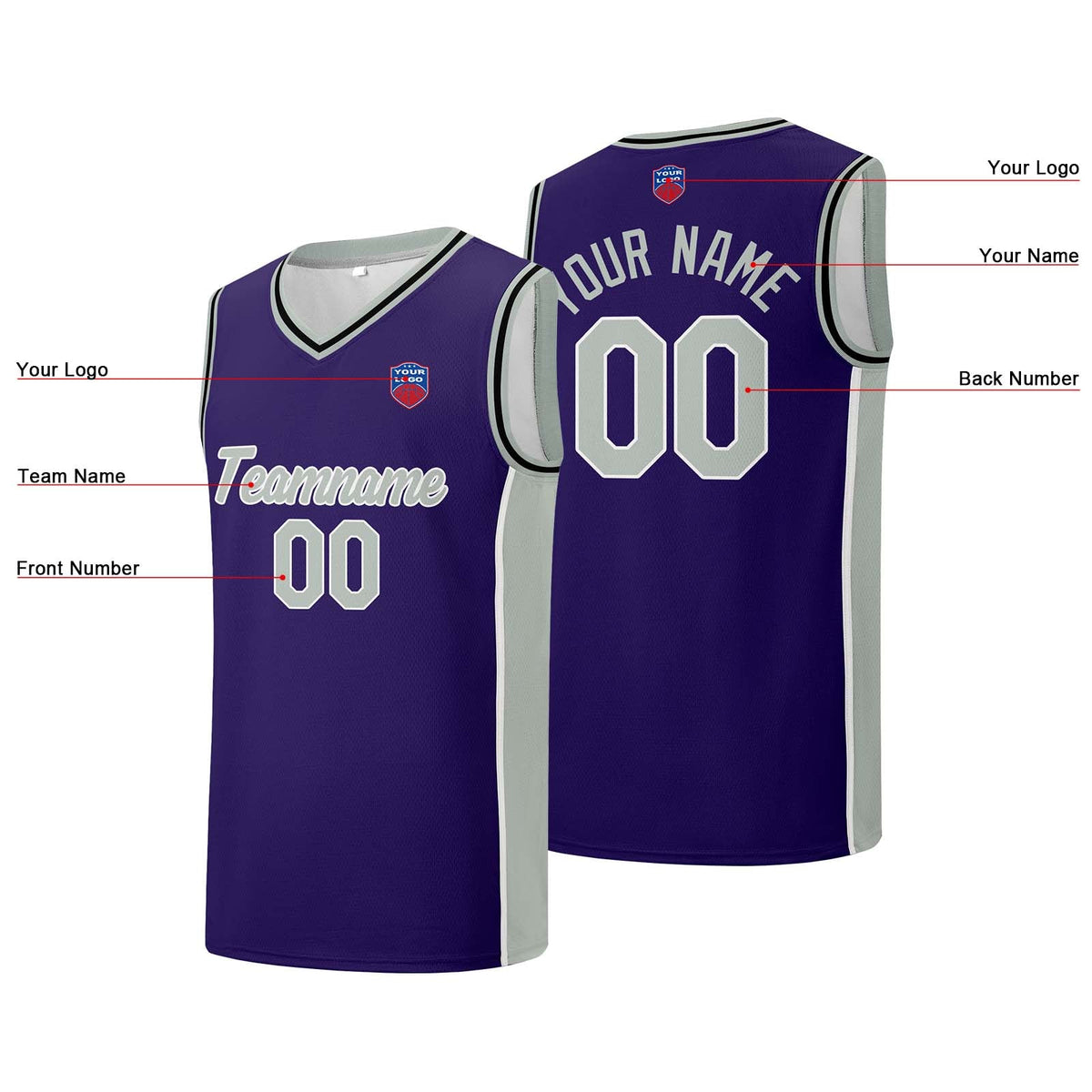 Custom basketball jersey shorts for men and women. Embroidered and printed name, number and logo Purple enthsush