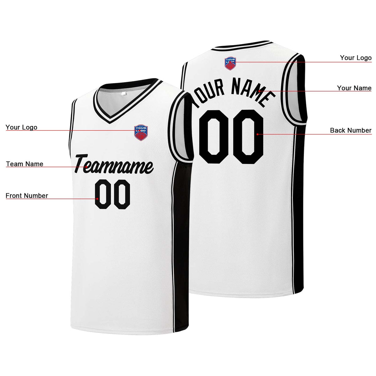 Custom basketball jersey shorts for men and women. Embroidered and printed name, number and logo White enthsush
