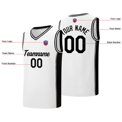 Custom basketball jersey shorts for men and women. Embroidered and printed name, number and logo White enthsush