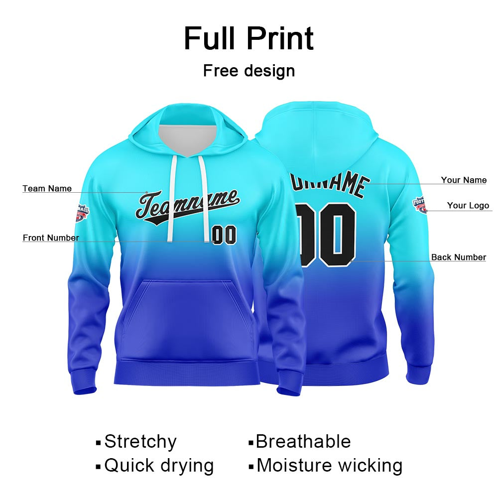 Custom Gradient Hoodie For Man Woman Girl Boy Print Your Logo Name Number Light Blue Black enthsush
