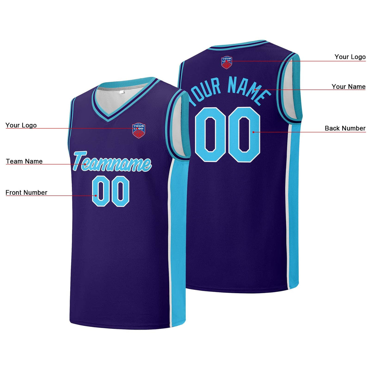 Custom basketball jersey shorts for men and women. Embroidered and printed name, number and logo Purple&Light Blue enthsush