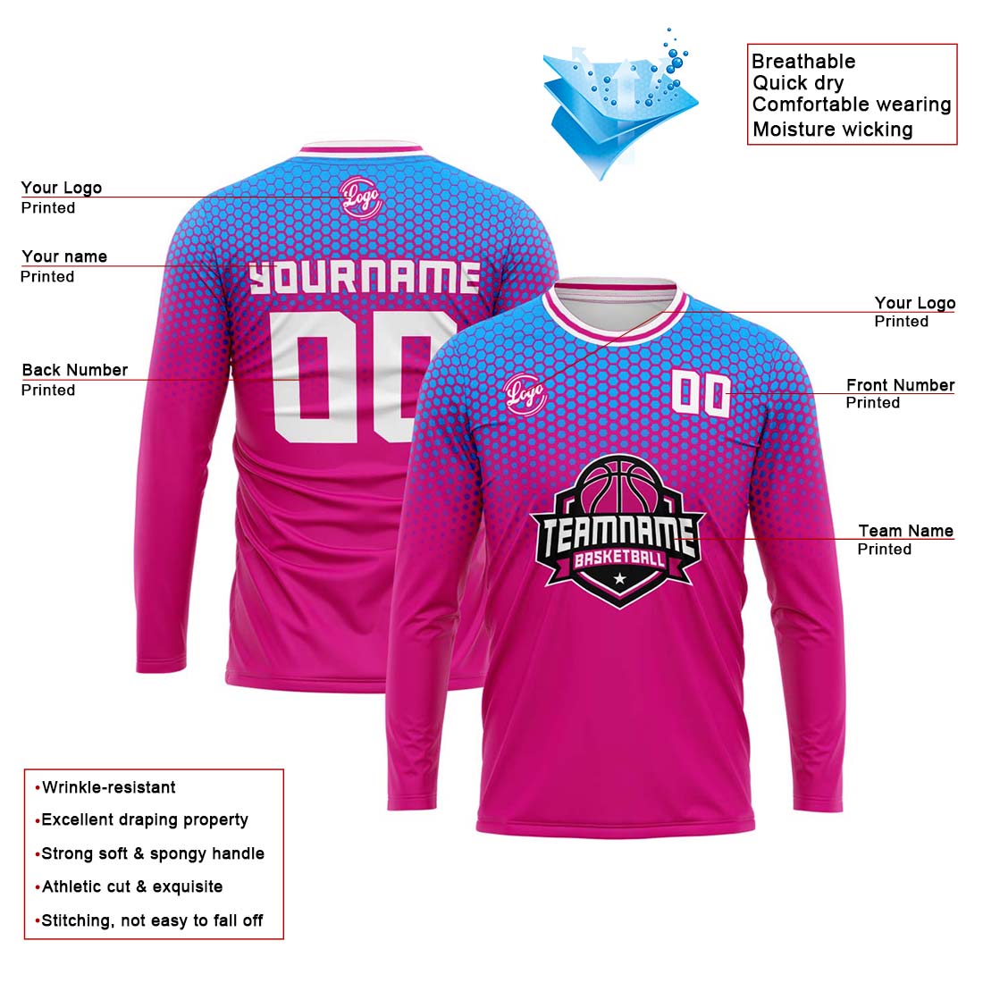 Custom Basketball Soccer Football Shooting Long T-Shirt for Adults and Kids Light Blue&Pink enthsush
