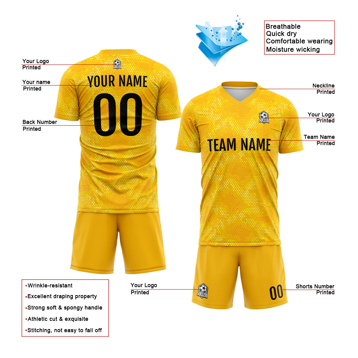 Custom Yellow Soccer Jerseys for Men Women Personalized Soccer Uniforms for Adult and Kid enthsush