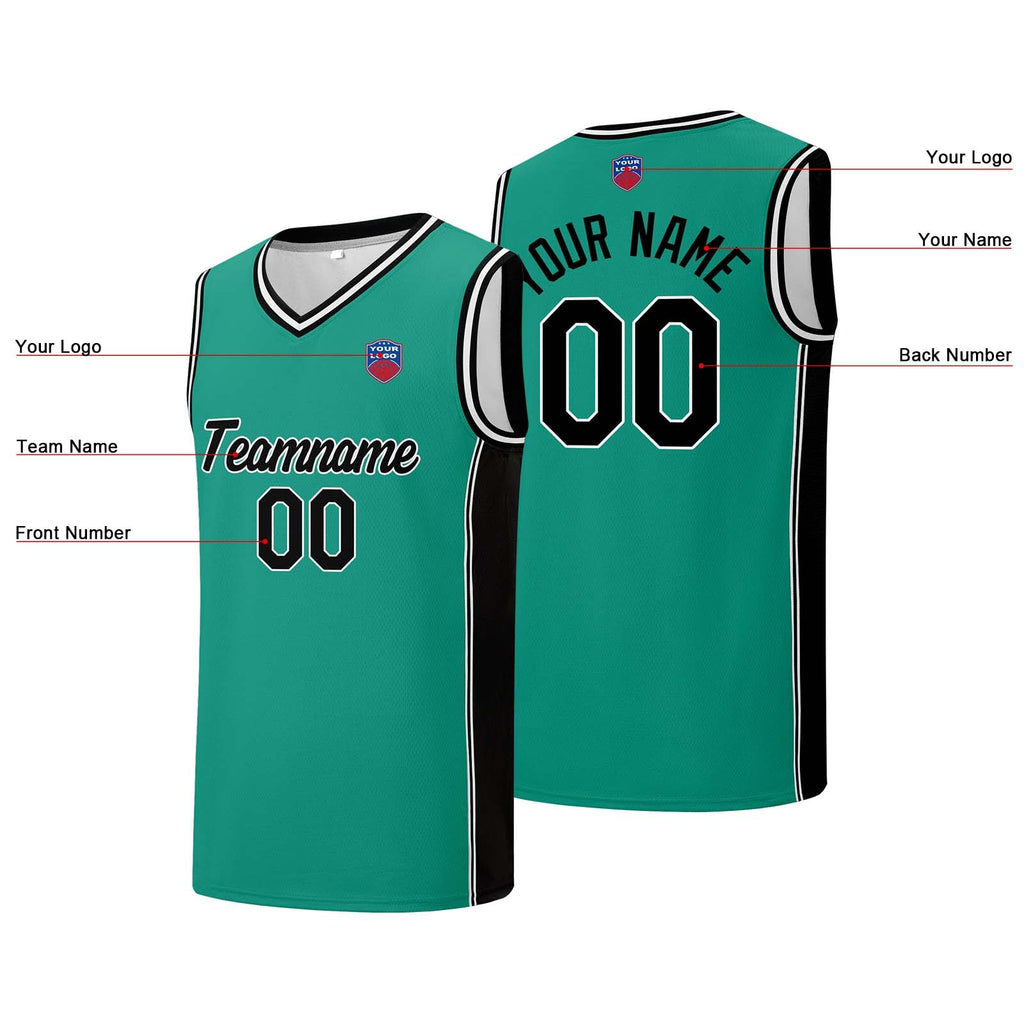 Custom basketball jersey shorts for men and women. Embroidered and printed name, number and logo Light Green&Black enthsush