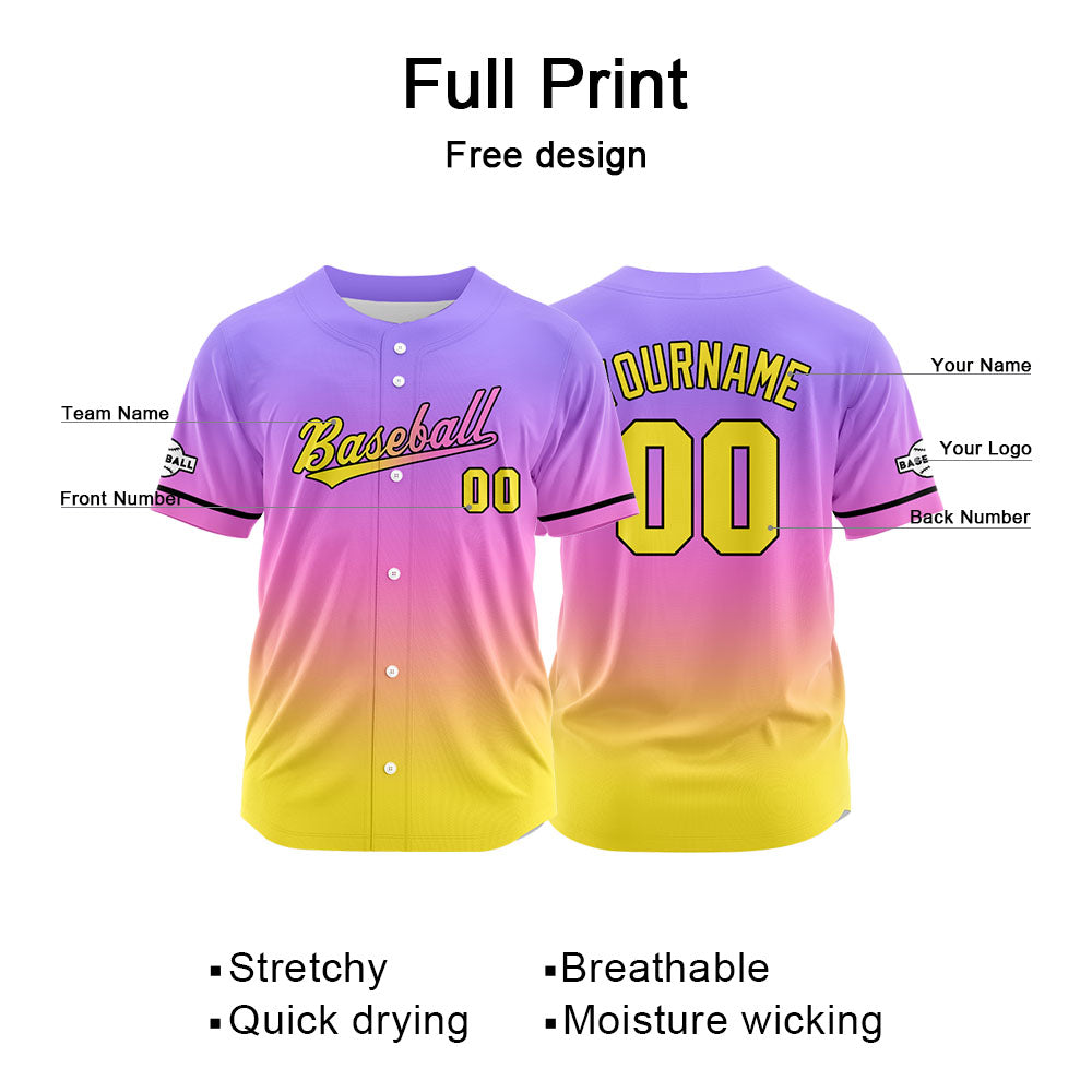 Custom Full Print Design Authentic Baseball Jersey yellow-pink-purple enthsush