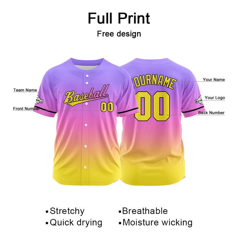 Custom Full Print Design Authentic Baseball Jersey yellow-pink-purple
