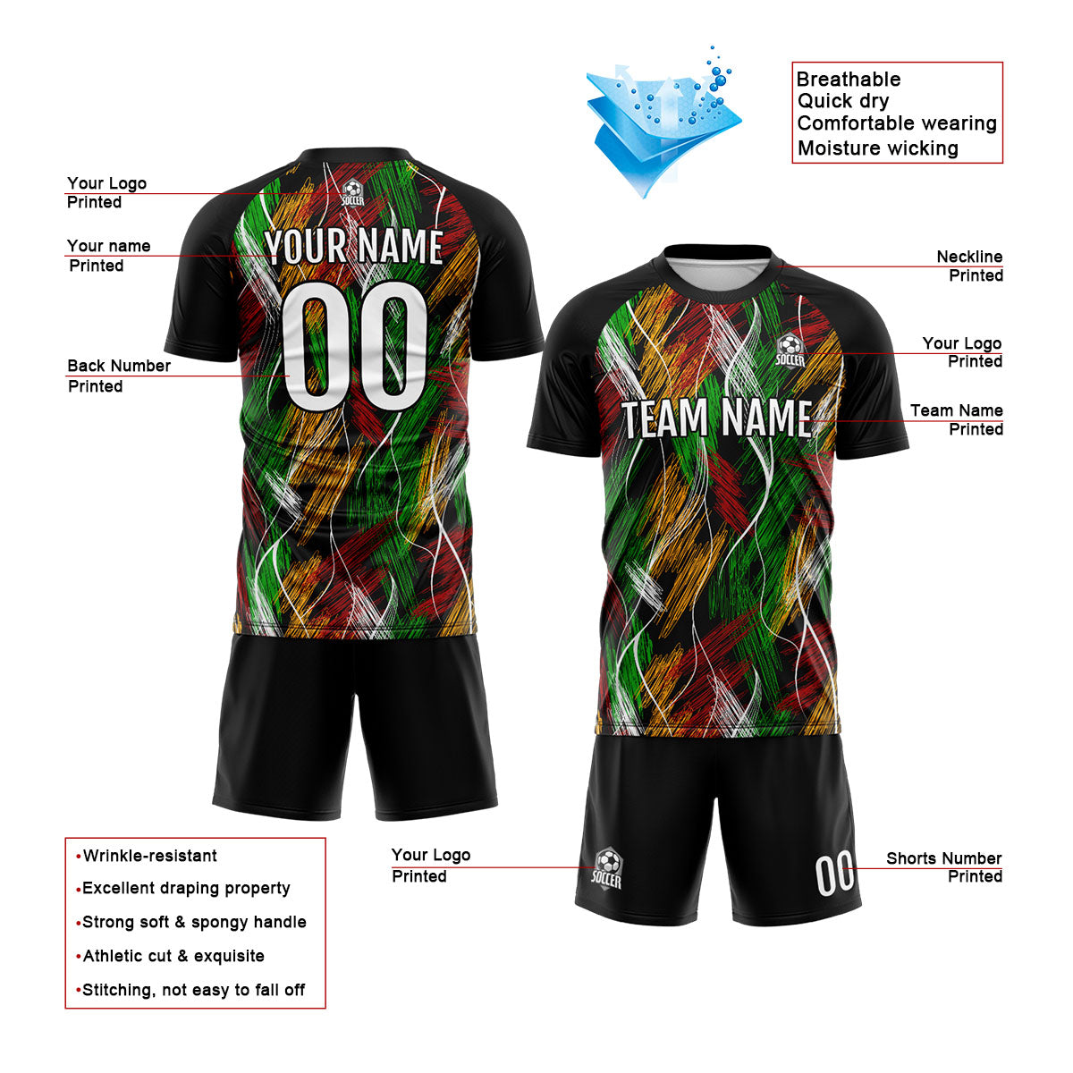 Custom Black Orange Soccer Jerseys for Men Women Personalized Soccer Uniforms for Adult and Kid enthsush
