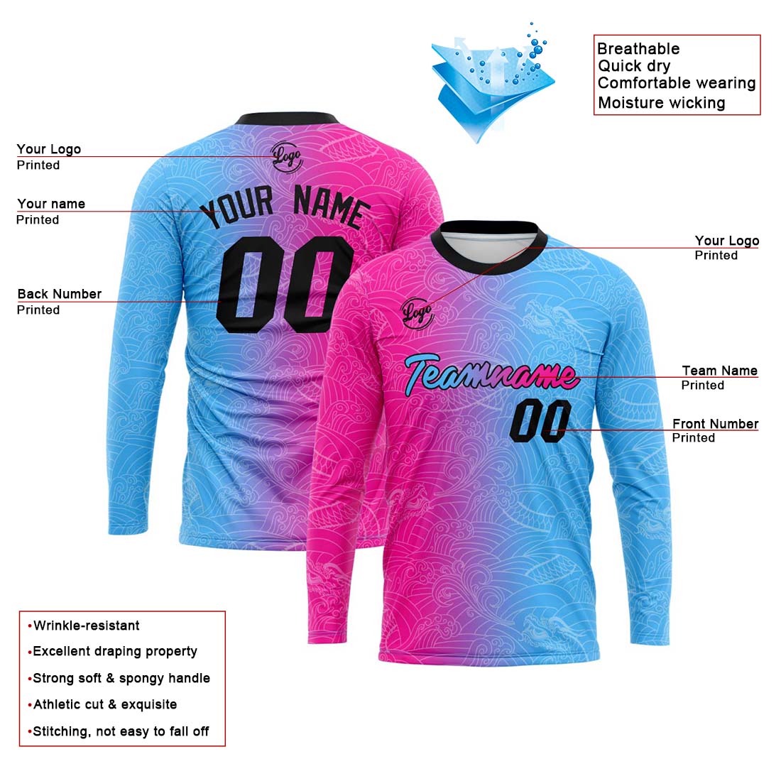 Custom Basketball Soccer Football Shooting Long T-Shirt for Adults and Kids Pink&Light Blue enthsush