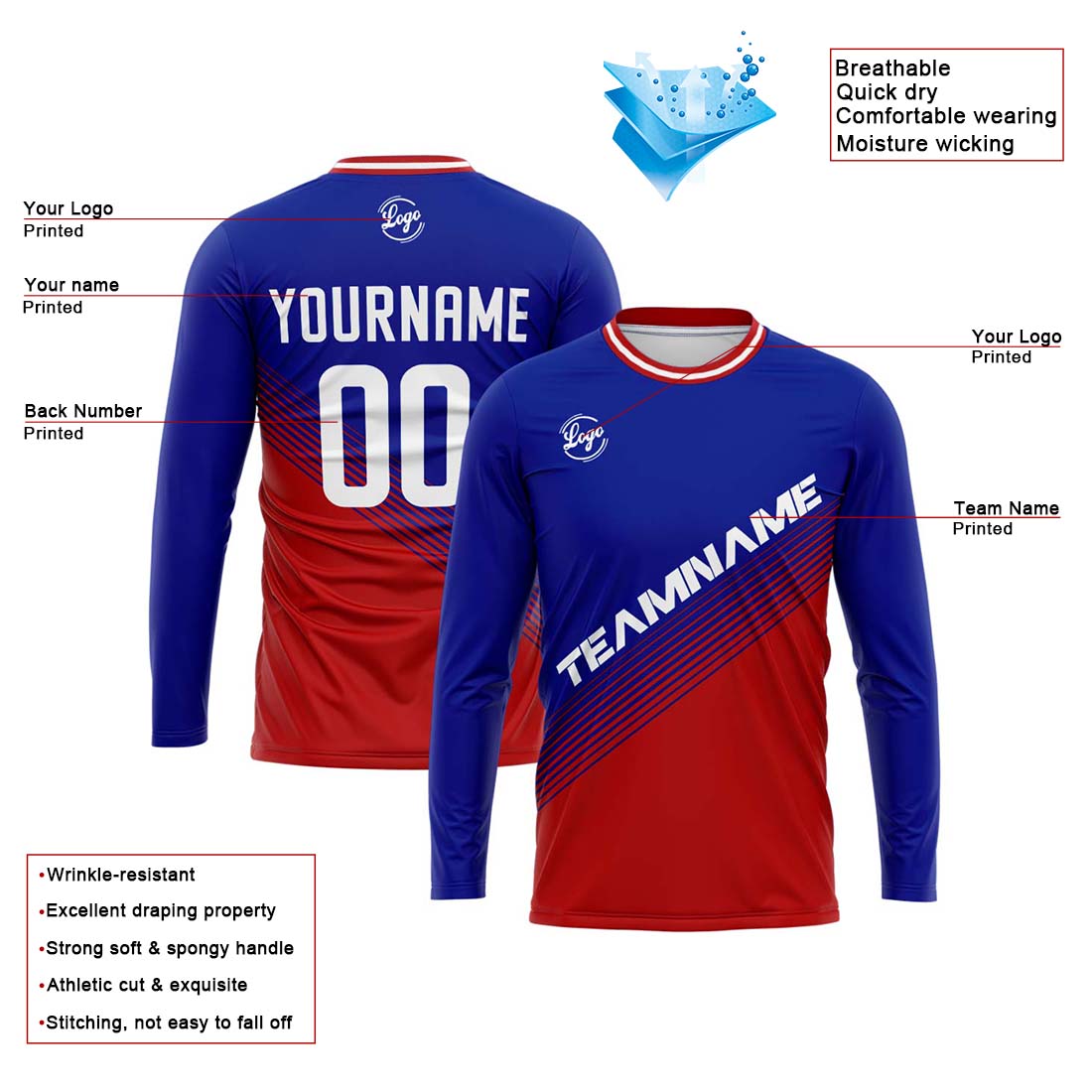 Custom Basketball Soccer Football Shooting Long T-Shirt for Adults and Kids Royal&Red enthsush