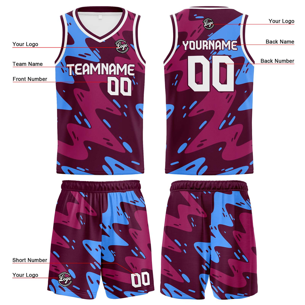 Custom Burgundy Light Reversible Basketball Suit for Adults and Kids Personalized Jersey enthsush