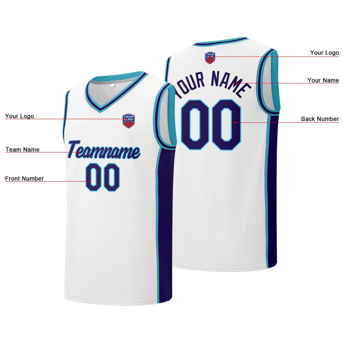 Custom basketball jersey shorts for men and women. Embroidered and printed name, number and logo White&Purple enthsush