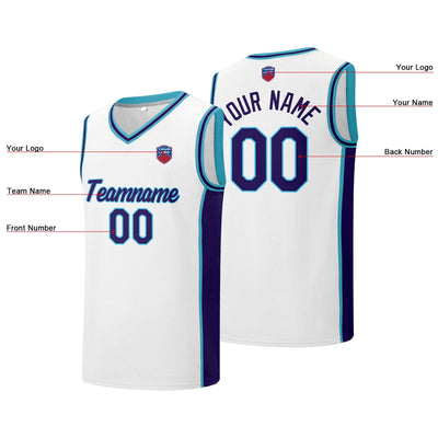 Custom basketball jersey shorts for men and women. Embroidered and printed name, number and logo White&Purple enthsush