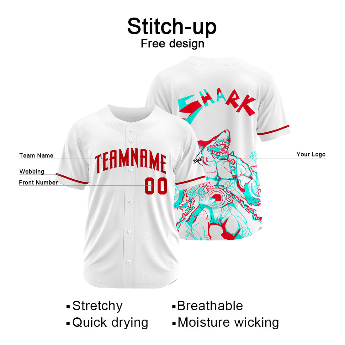 Custom Baseball Uniforms High-Quality for Adult Kids Optimized for Performance Shark-White&Red enthsush