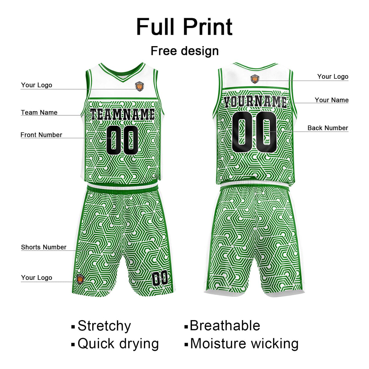 Custom White Green Basketball Jersey Uniform Suit Printed Your Logo Name Number enthsush