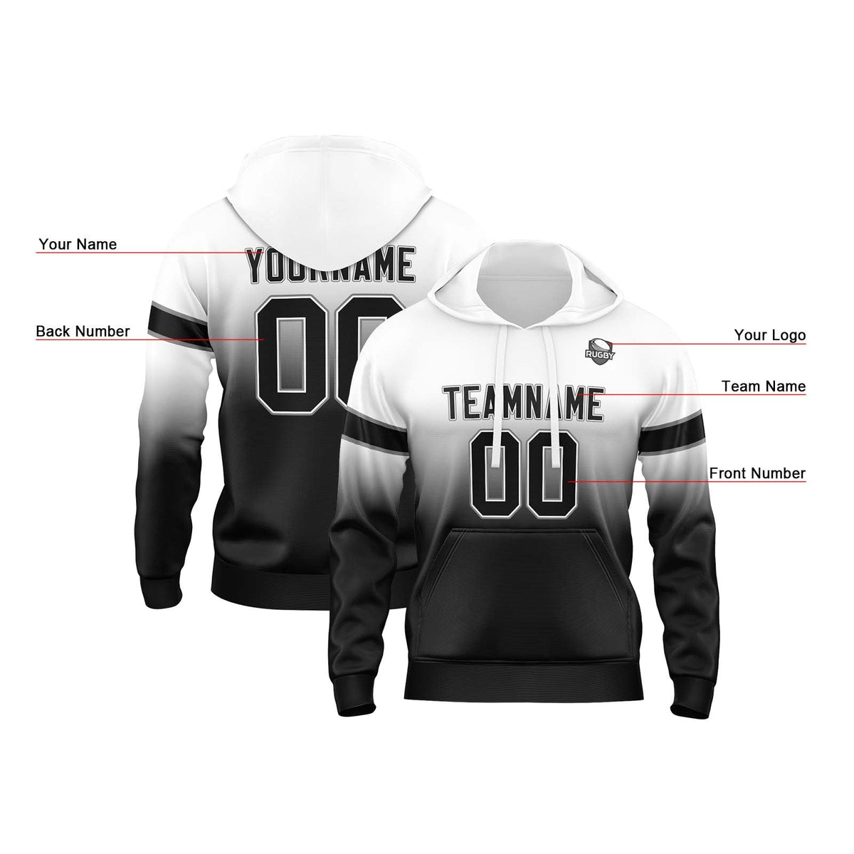 Custom Gradient Hoodie For Man Woman Girl Boy Print Your Logo Name Number White&Black enthsush