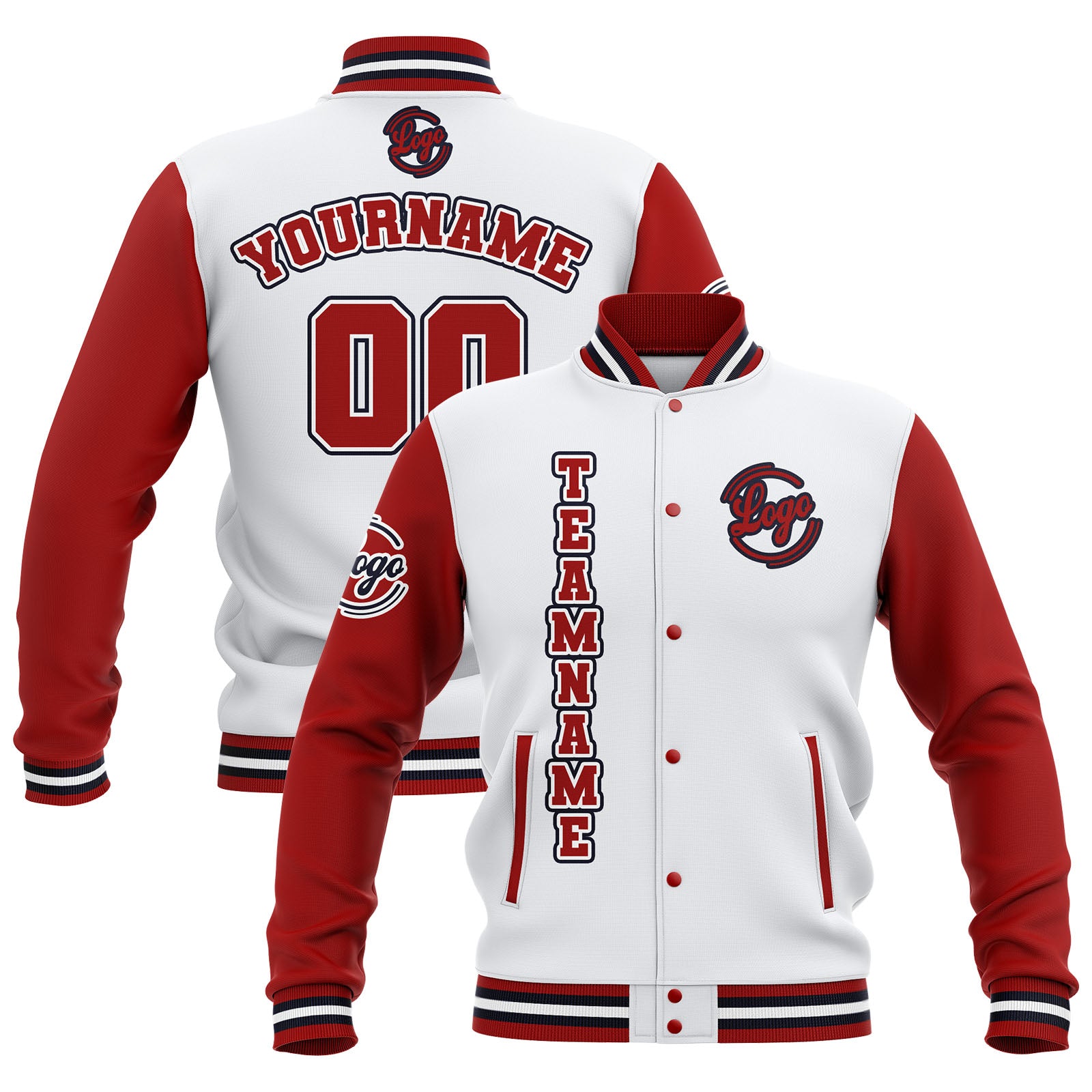 Custom White Red Navy Waterproof Varsity Jackets Personalized Stitched Name Number Logo to Letterman Jackets enthsush