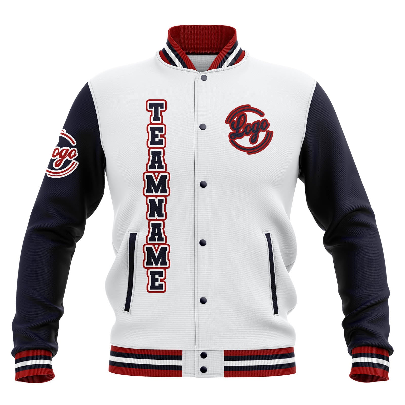 Custom White Navy Red Waterproof Varsity Jackets Personalized Stitched Name Number Logo to Letterman Jackets enthsush