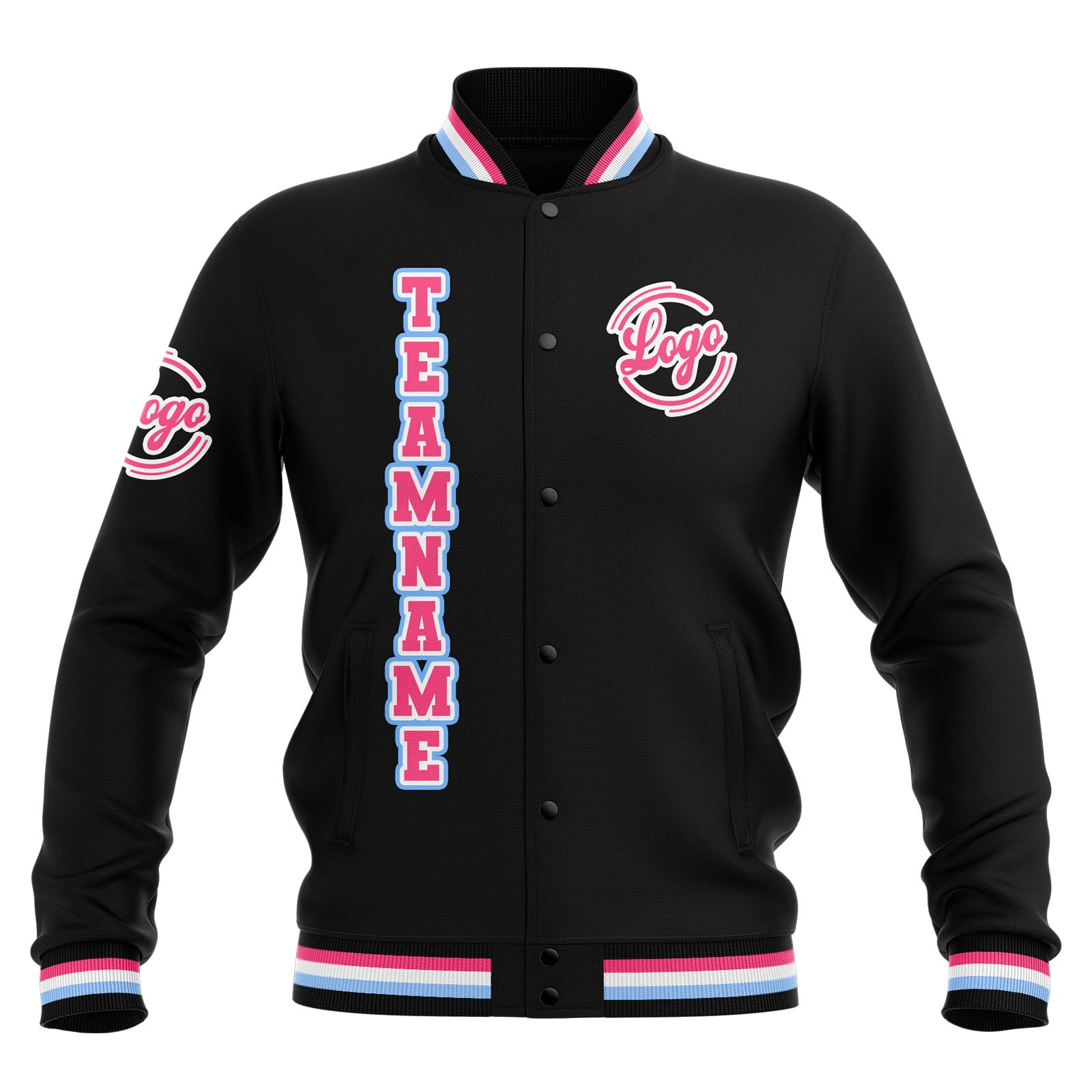 Custom Black Pink Light Blue Waterproof Varsity Jackets Personalized Stitched Name Number Logo to Letterman Jackets enthsush