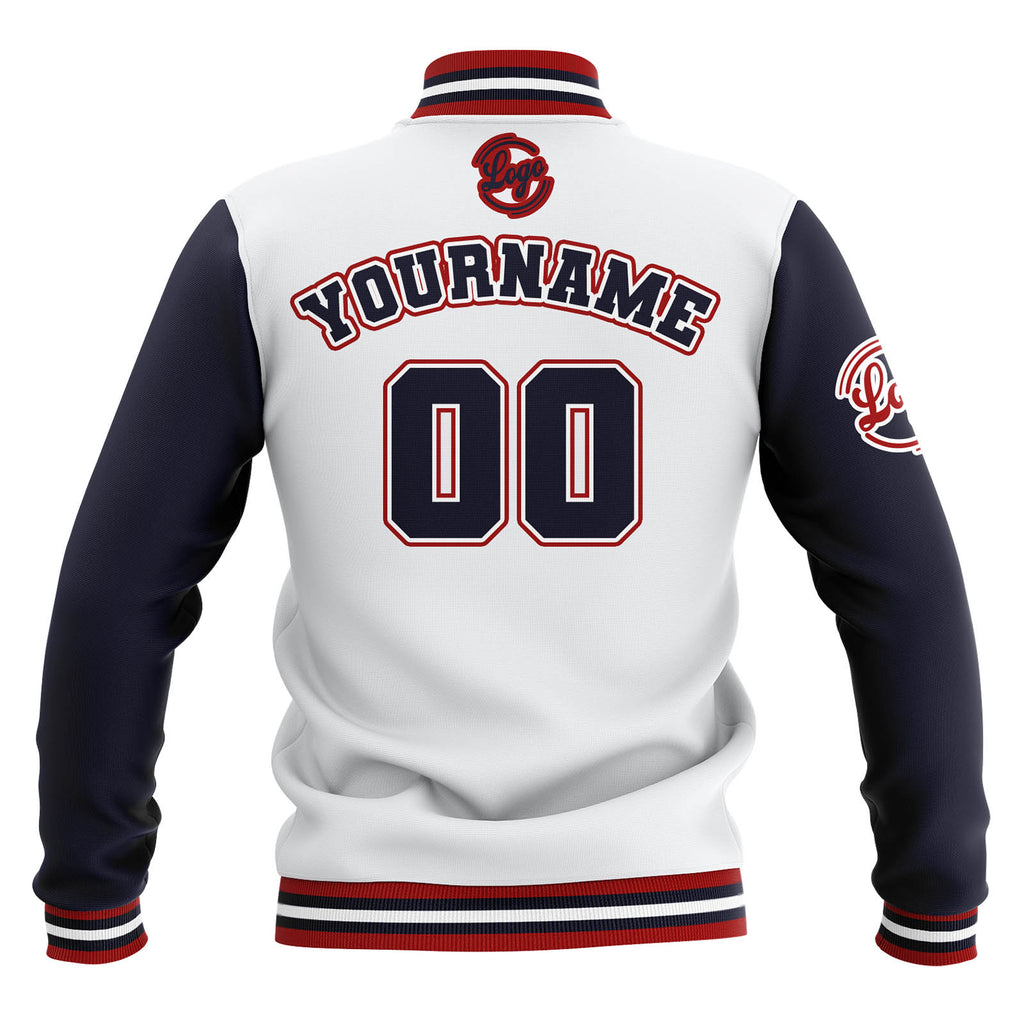 Custom White Navy Red Waterproof Varsity Jackets Personalized Stitched Name Number Logo to Letterman Jackets enthsush