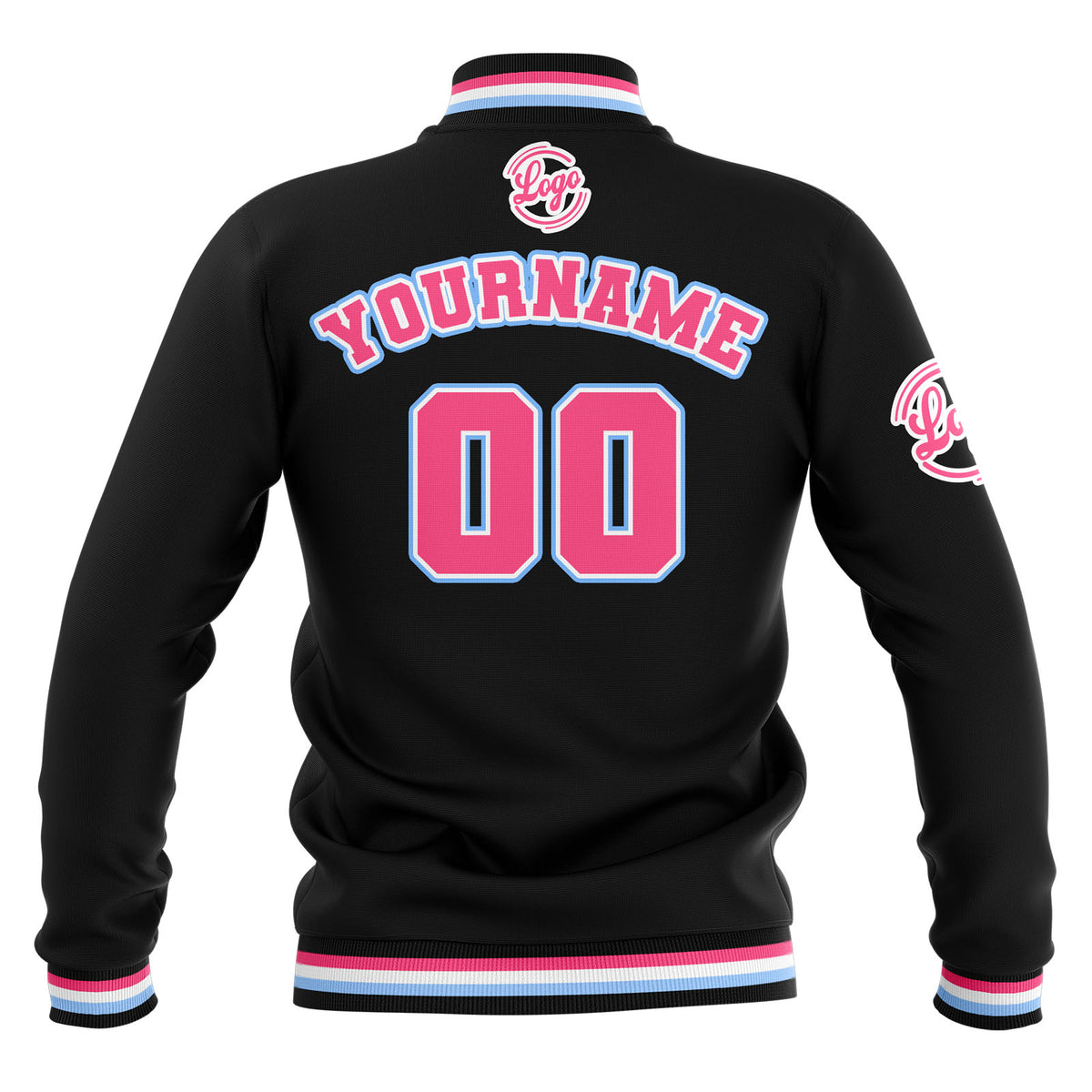 Custom Black Pink Light Blue Waterproof Varsity Jackets Personalized Stitched Name Number Logo to Letterman Jackets enthsush
