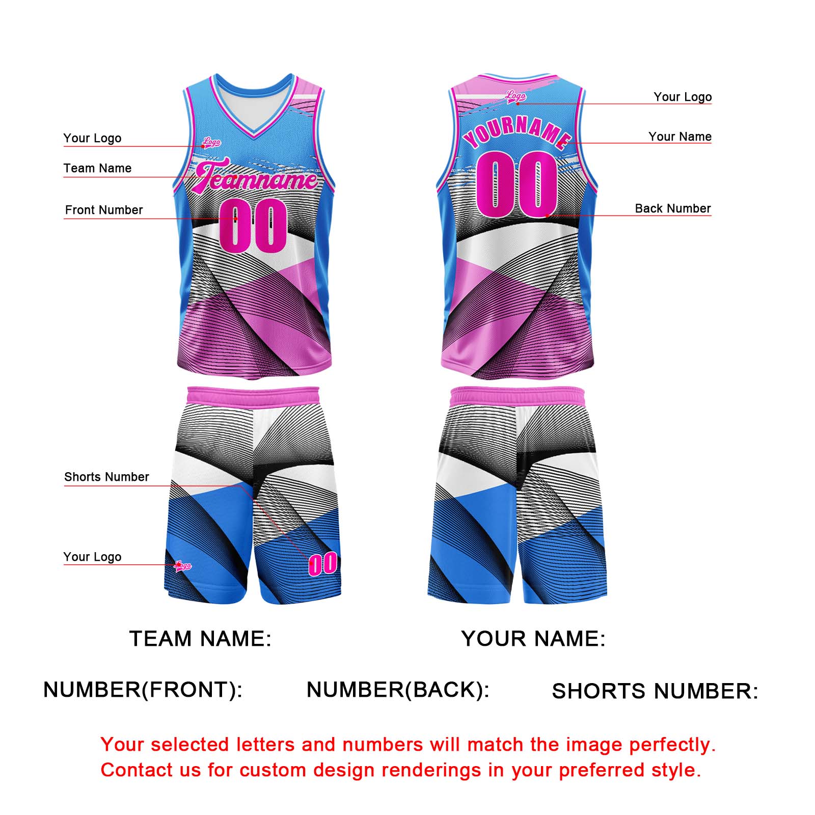 Custom Blue Pink Basketball Jersey Uniform Suit Printed Your Logo Name Number enthsush
