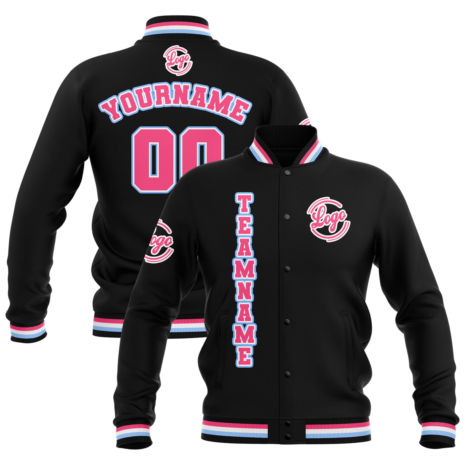 Custom Black Pink Light Blue Waterproof Varsity Jackets Personalized Stitched Name Number Logo to Letterman Jackets enthsush