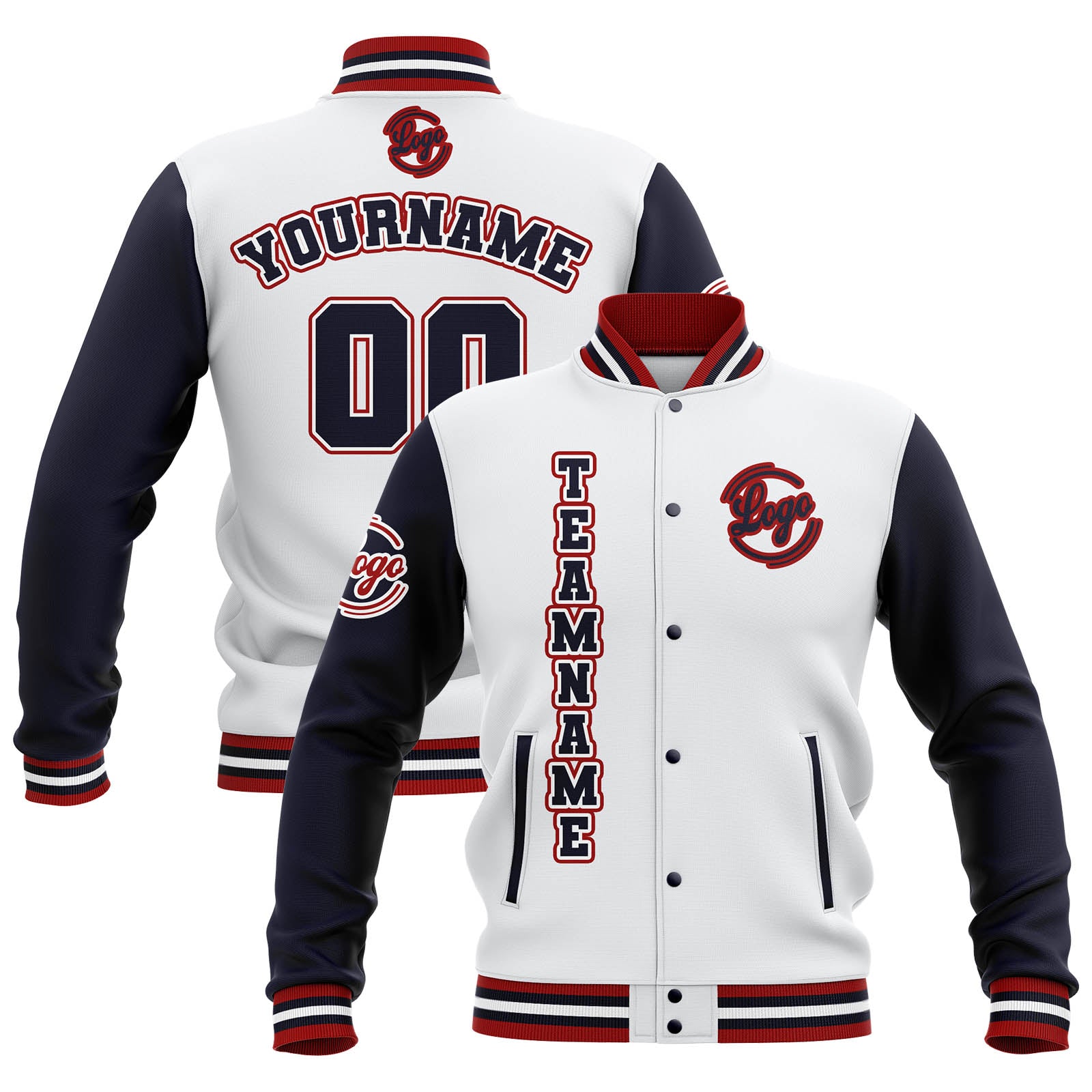 Custom White Navy Red Waterproof Varsity Jackets Personalized Stitched Name Number Logo to Letterman Jackets enthsush