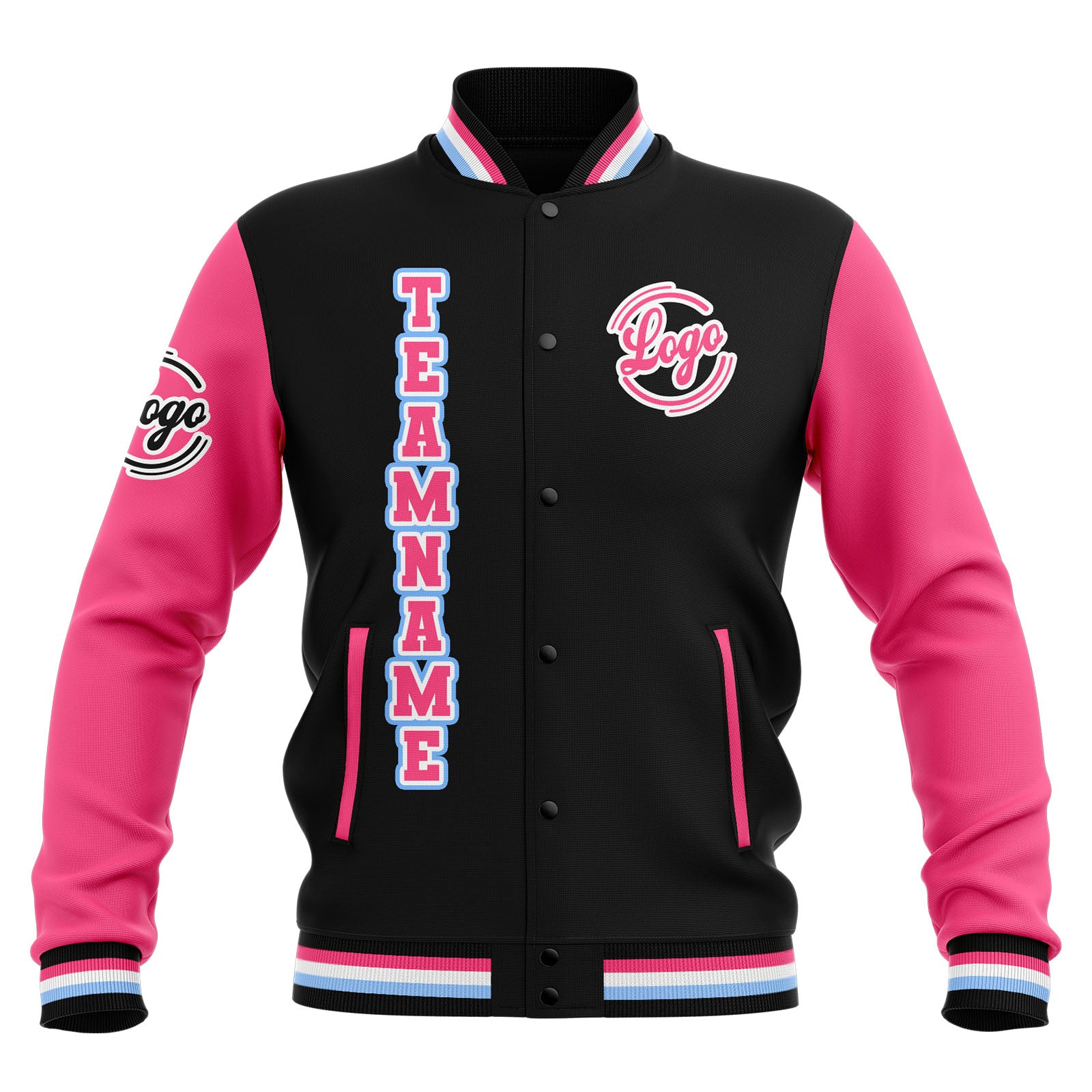 Custom Black Pink Light Blue Waterproof Varsity Jackets Personalized Stitched Name Number Logo to Letterman Jackets enthsush