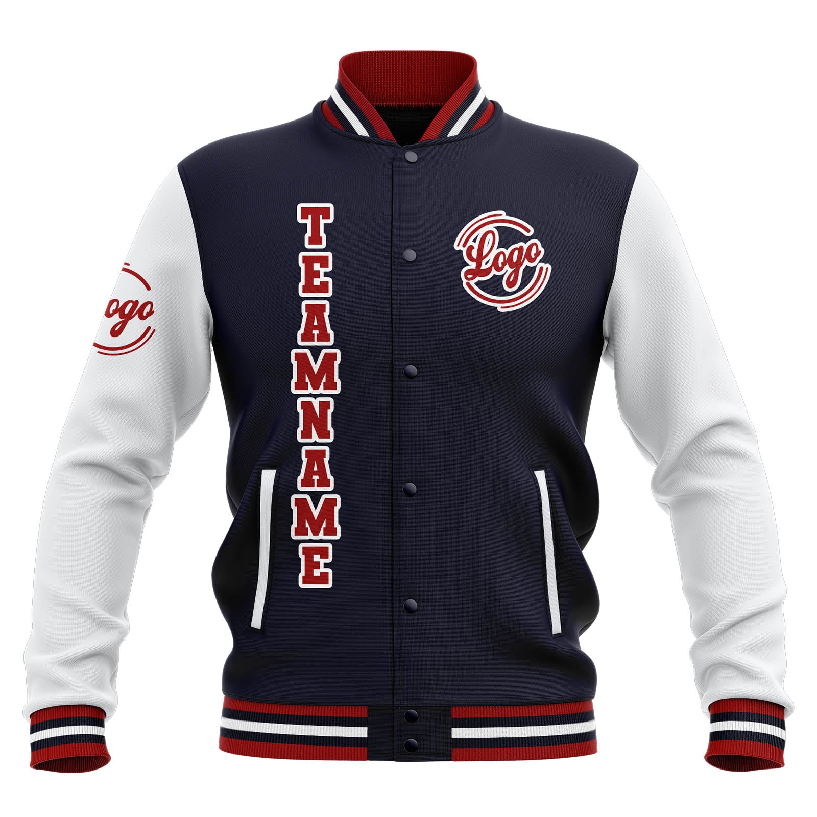 Custom Navy White Red Waterproof Varsity Jackets Personalized Stitched Name Number Logo to Letterman Jackets enthsush